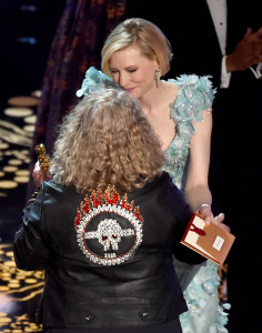 HOLLYWOOD, CA - FEBRUARY 28: Costume designer Jenny Beavan (L) accepts the Best Costume Design award for 'Mad Max: Fury Road' from actress Cate Blanchett onstage during the 88th Annual Academy Awards at the Dolby Theatre on February 28, 2016 in Hollywood, California. (Photo by Kevin Winter/Getty Images)